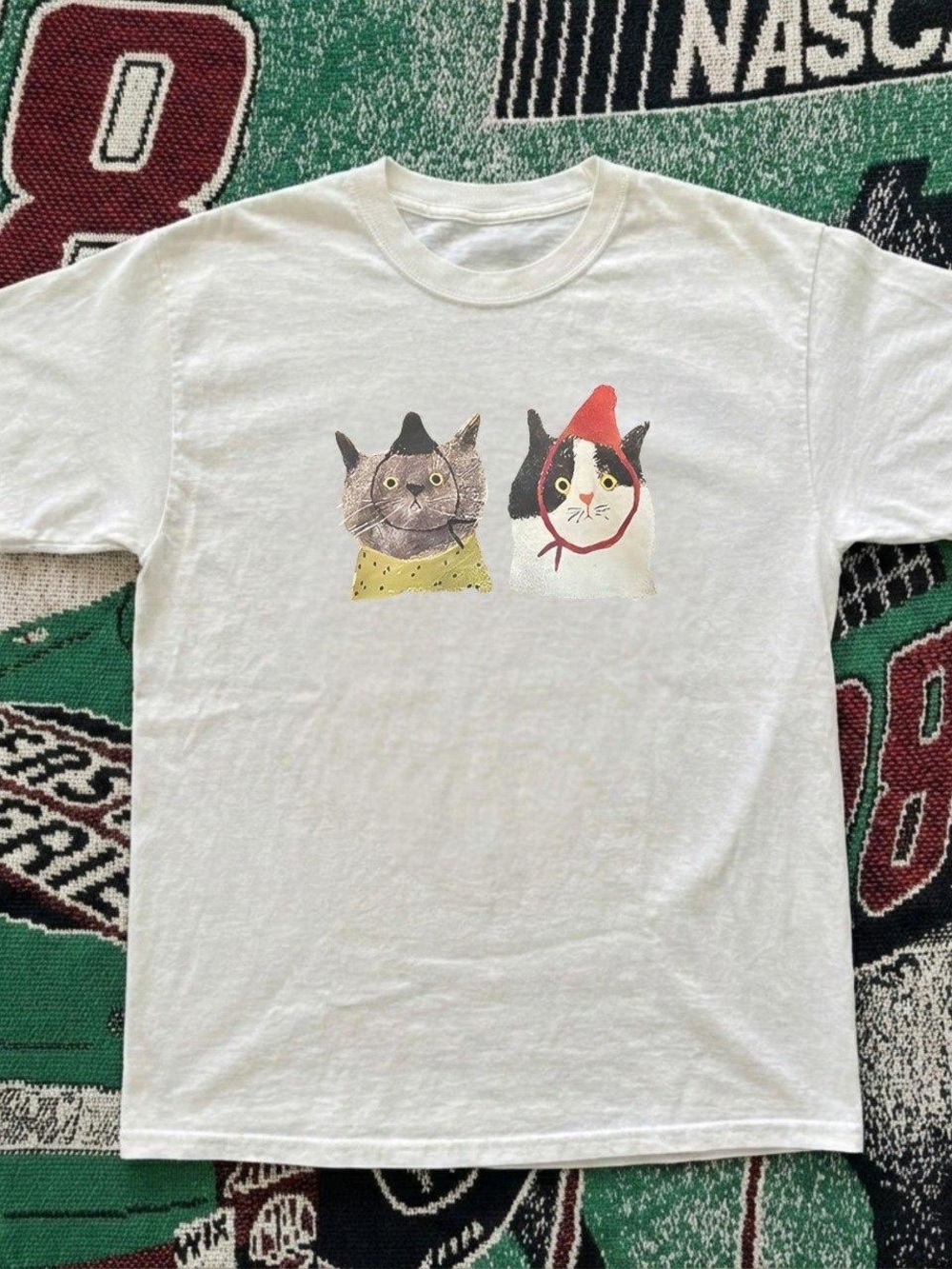 Gildan White Tee with Two Illustrated Cats and Red Hood Accent